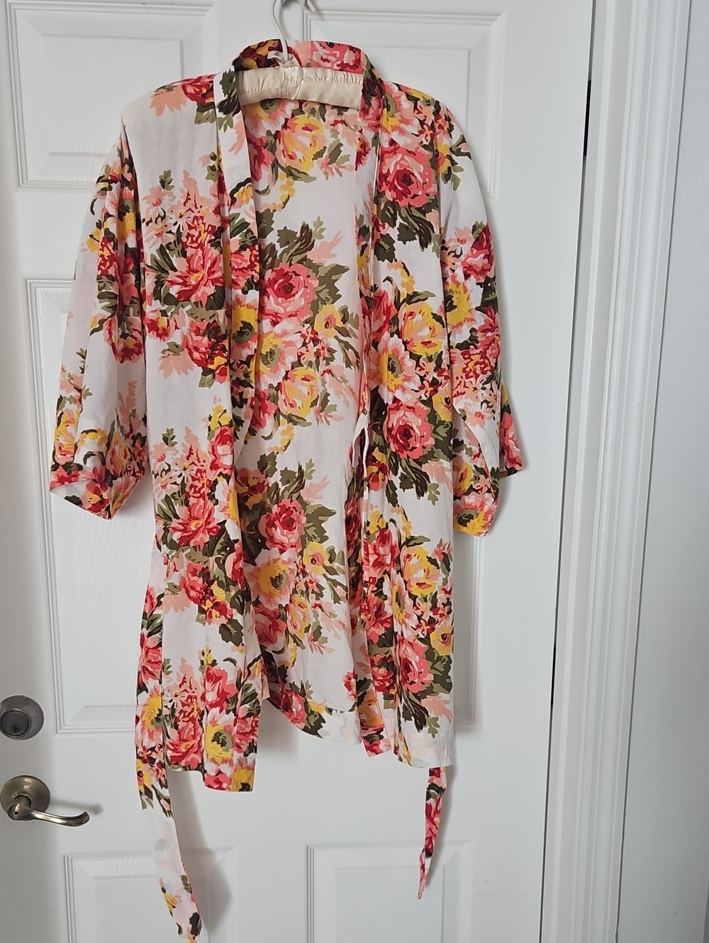 Floral Open-Front Kimono Robe in Pink & Yellow